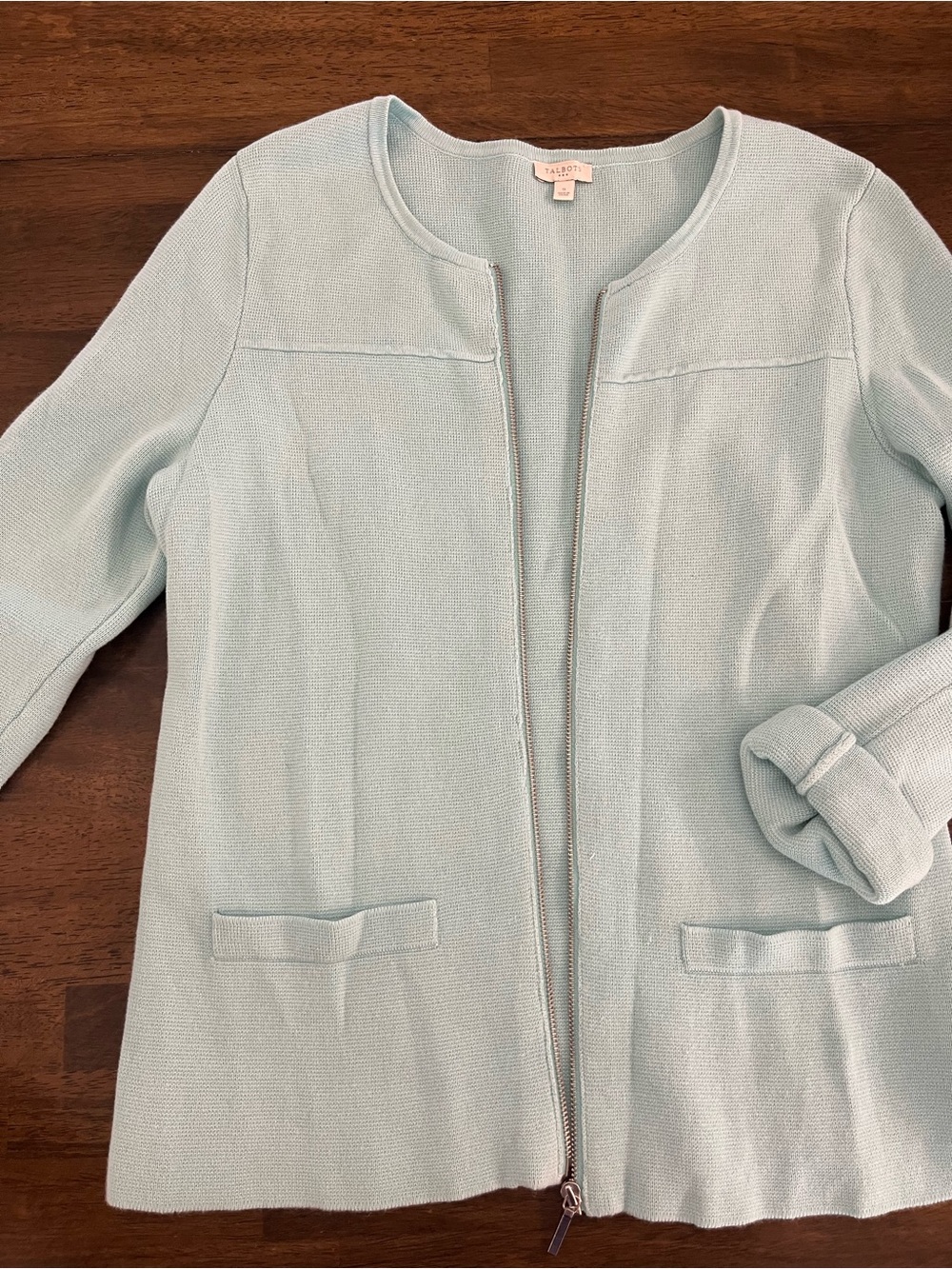 Talbots Pastel Blue Collarless Zip-Front Blazer Sweater 100% Cotton Small - Picture 3 of 6